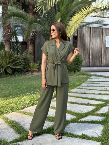 Haki Yeleği Kuşaklı Ve Cepli Pantolon Aerobin Kadın İkili Takım