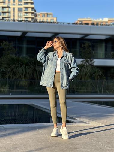 Haki Yüksek Bel Önü Dikiş Detay Kadın Tayt