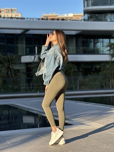 Haki Yüksek Bel Önü Dikiş Detay Kadın Tayt