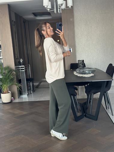 Haki Yumoş Beli Lastikli Bol Paça Kadın Pantolon