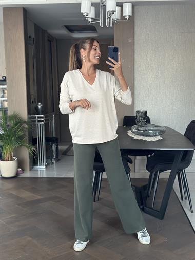 Haki Yumoş Beli Lastikli Bol Paça Kadın Pantolon