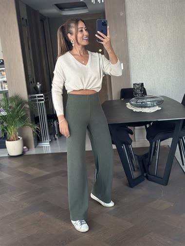 Haki Yumoş Beli Lastikli Bol Paça Kadın Pantolon