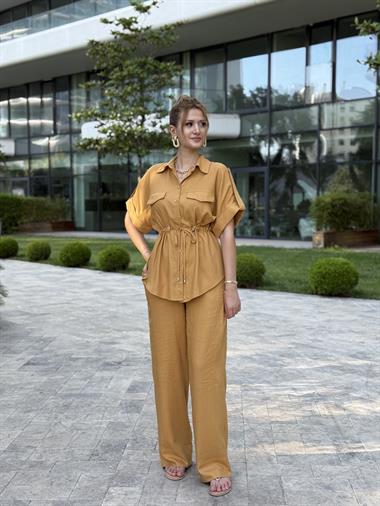 Hardal Duble Kol Gömlek Pantolon Keten Kadın İkili Takım