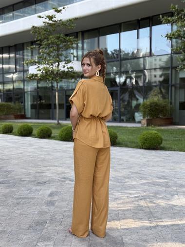 Hardal Duble Kol Gömlek Pantolon Keten Kadın İkili Takım