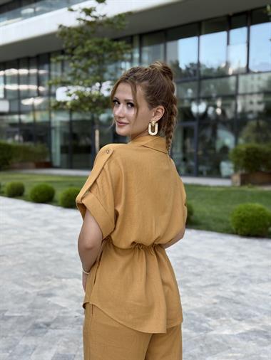 Hardal Duble Kol Gömlek Pantolon Keten Kadın İkili Takım