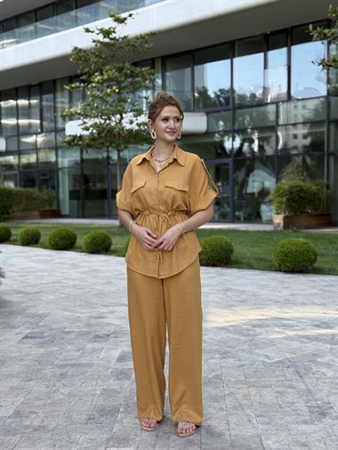 Hardal Duble Kol Gömlek Pantolon Keten Kadın İkili Takım