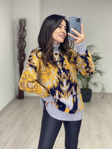 Hardal Gri Desenli Balıkçı Kadın Kazak