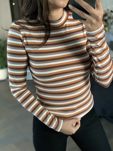 Hardal Kahve Çizgili Bisiklet Yaka Kadın Bluz