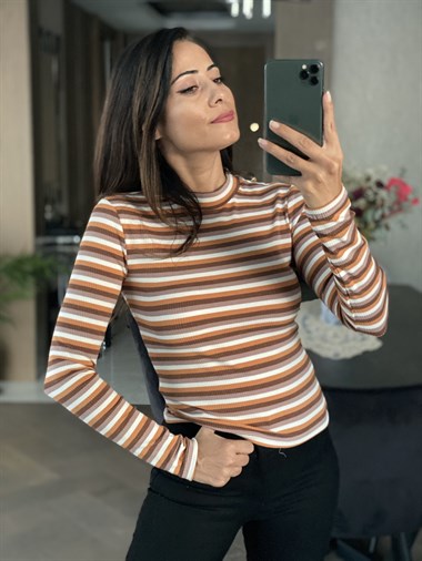 Hardal Kahve Çizgili Bisiklet Yaka Kadın Bluz