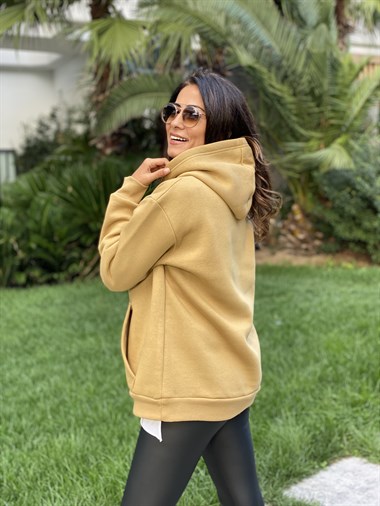 Hardal Kapüşonlu Üç İplik Kanguru Cep Kadın Sweatshirt