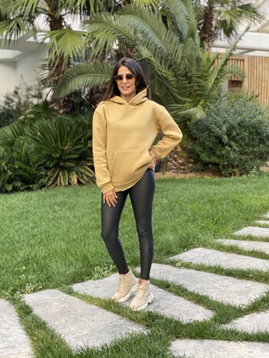 Hardal Kapüşonlu Üç İplik Kanguru Cep Kadın Sweatshirt