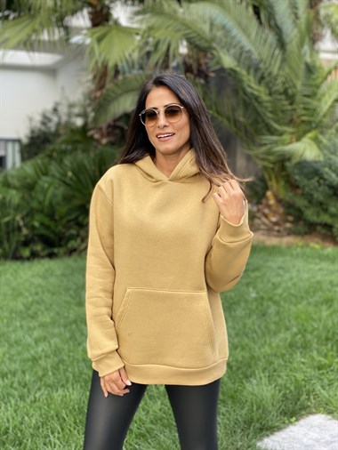 Hardal Kapüşonlu Üç İplik Kanguru Cep Kadın Sweatshirt