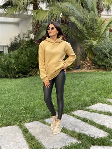 Hardal Kapüşonlu Üç İplik Kanguru Cep Kadın Sweatshirt