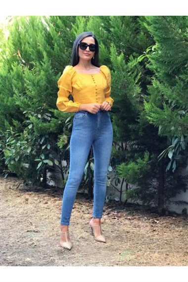 Hardal Karpuz Kol Önü Düğmeli Crop Bluz