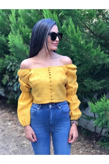 Hardal Karpuz Kol Önü Düğmeli Crop Bluz