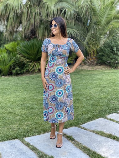 Camel Şal Desen Yırtmaçlı Viskon Kadın Elbise