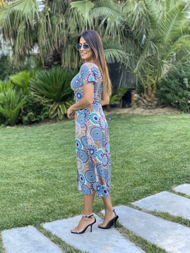 Camel Şal Desen Yırtmaçlı Viskon Kadın Elbise