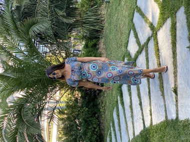 Camel Şal Desen Yırtmaçlı Viskon Kadın Elbise