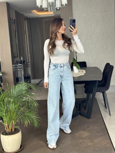 Ice Blue Kesik Paça  Wide Leg Kadın Jean Pantolon