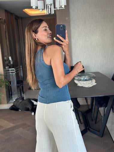 İndigo Arkası Dikiş Detay Yıkamalı Halter Yaka Kadın Kaşkorse Body