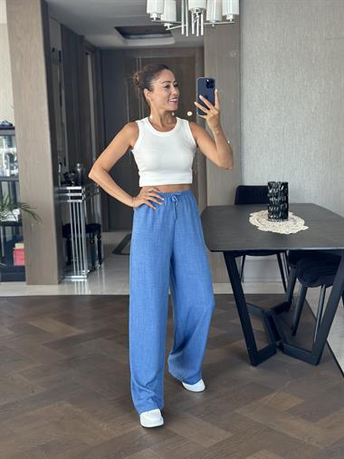 İndigo Beli Bağcık Detay Lastikli Bol Paça Aerobin Kadın Pantolon