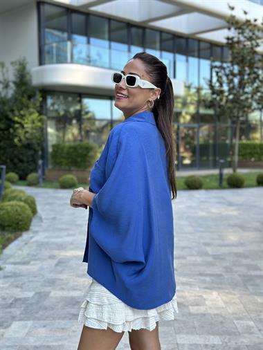 İndigo Çift Cepli Yarasa Kol Tnsl Kadın Gömlek