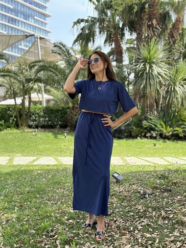 İndigo Crop T-Shirt Etek Kadın Alt Üst Takım