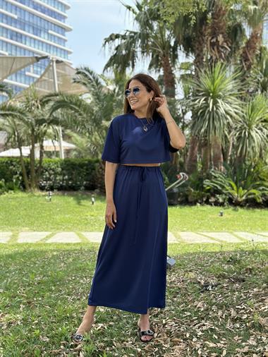 İndigo Crop T-Shirt Etek Kadın Alt Üst Takım