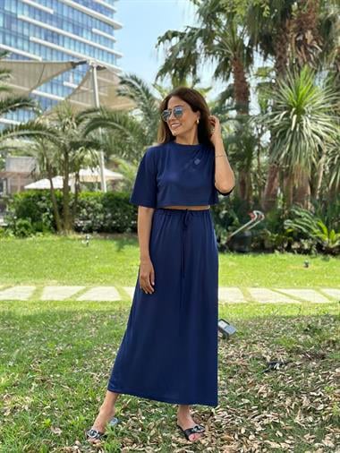 İndigo Crop T-Shirt Etek Kadın Alt Üst Takım