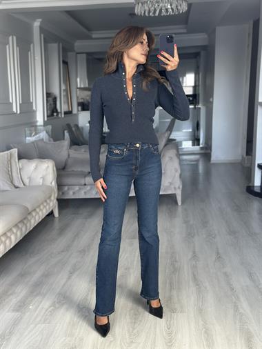 İndigo Dik Yaka Çıtçıt Düğmeli Kadın Triko Kazak