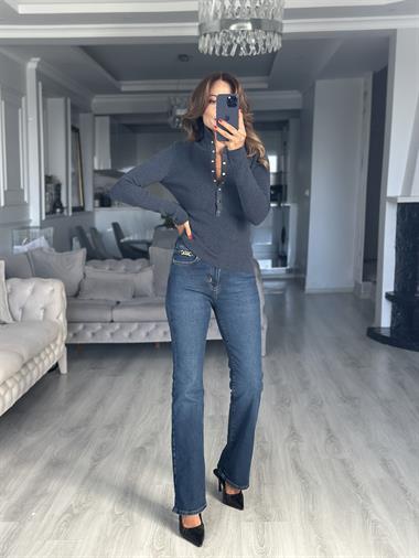 İndigo Dik Yaka Çıtçıt Düğmeli Kadın Triko Kazak