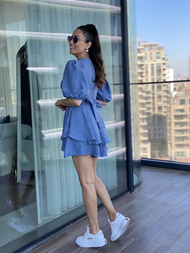 İndigo Karpuz Kol Kuşaklı Şort Etek Elbise