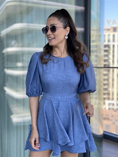 İndigo Karpuz Kol Kuşaklı Şort Etek Elbise