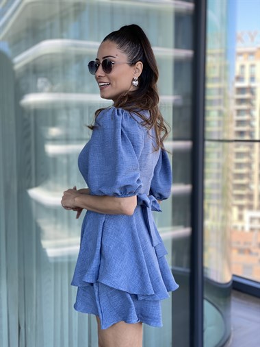 İndigo Karpuz Kol Kuşaklı Şort Etek Elbise