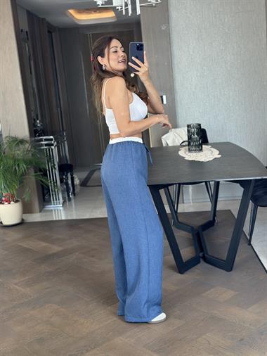 İndigo Kemeri Beyaz Detay Lastikli  Aerobin Kadın Pantolon