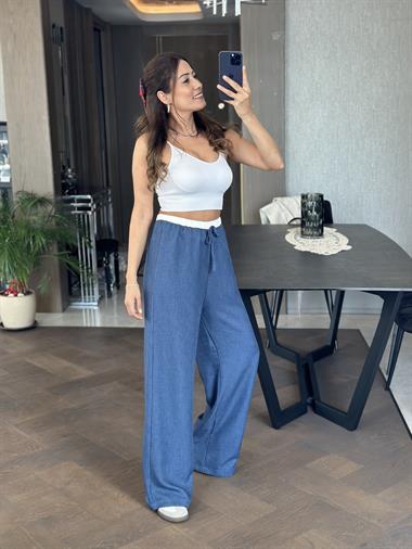 İndigo Kemeri Beyaz Detay Lastikli  Aerobin Kadın Pantolon