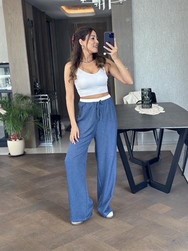 İndigo Kemeri Beyaz Detay Lastikli  Aerobin Kadın Pantolon