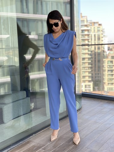 İndigo Kemerli Degaje Yaka Vatkalı Tulum