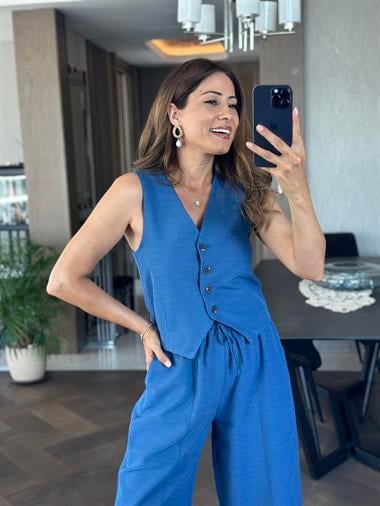 İndigo Keten Dört Düğmeli Yelek Balon Pantolon Kadın Alt Üst Takım