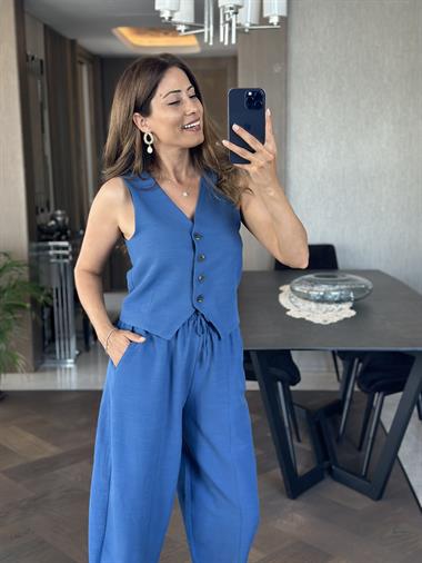 İndigo Keten Dört Düğmeli Yelek Balon Pantolon Kadın Alt Üst Takım