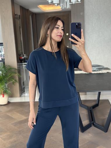 Lacivert Modal Bisiklet Yaka T-Shirt Pantolon Kadın Alt Üst Takım