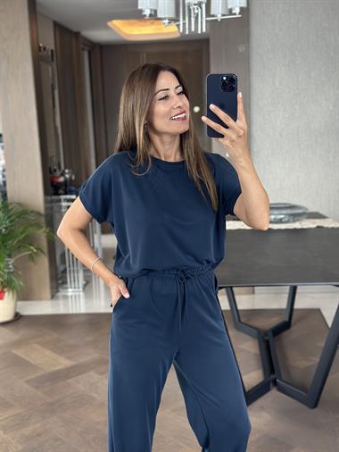 Lacivert Modal Bisiklet Yaka T-Shirt Pantolon Kadın Alt Üst Takım