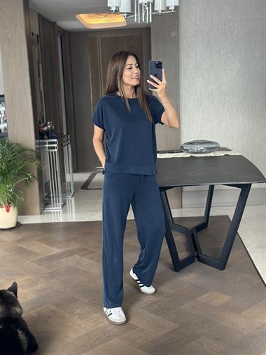 Lacivert Modal Bisiklet Yaka T-Shirt Pantolon Kadın Alt Üst Takım