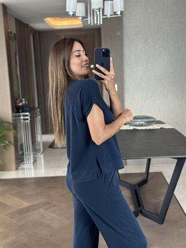 Lacivert Modal Bisiklet Yaka T-Shirt Pantolon Kadın Alt Üst Takım