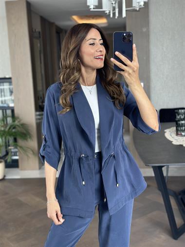 İndigo Orjinal Marka Bağcık Detay Şal Yaka Ceket Pantolon Kadın Alt Üst Takım