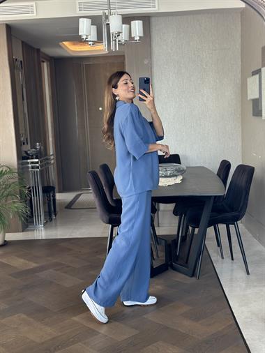 İndigo Oversize Kısa Kol Gömlek Yaka Tnsel İkili Kadın İkili Takım