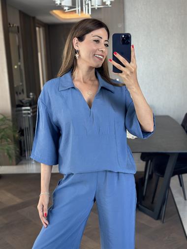 İndigo Oversize Kısa Kol Gömlek Yaka Tnsel İkili Kadın İkili Takım