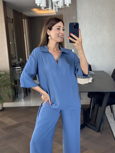 İndigo Oversize Kısa Kol Gömlek Yaka Tnsel İkili Kadın İkili Takım