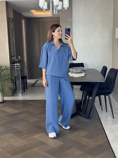 İndigo Oversize Kısa Kol Gömlek Yaka Tnsel İkili Kadın İkili Takım