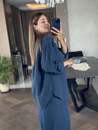 İndigo Gömlek Palazzo Pantolon Keten Kadın Alt Üst Takım